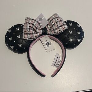 Disney Black Quilted Pearl Ear Headband with Pink Tweed Bow